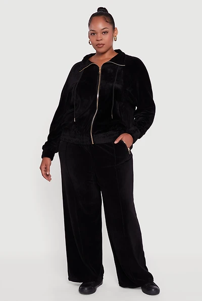 Womens Plus Wide Leg Velour Pants with Zip Pockets, Black,