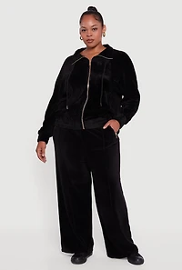 Womens Plus Wide Leg Velour Pants with Zip Pockets, Black,