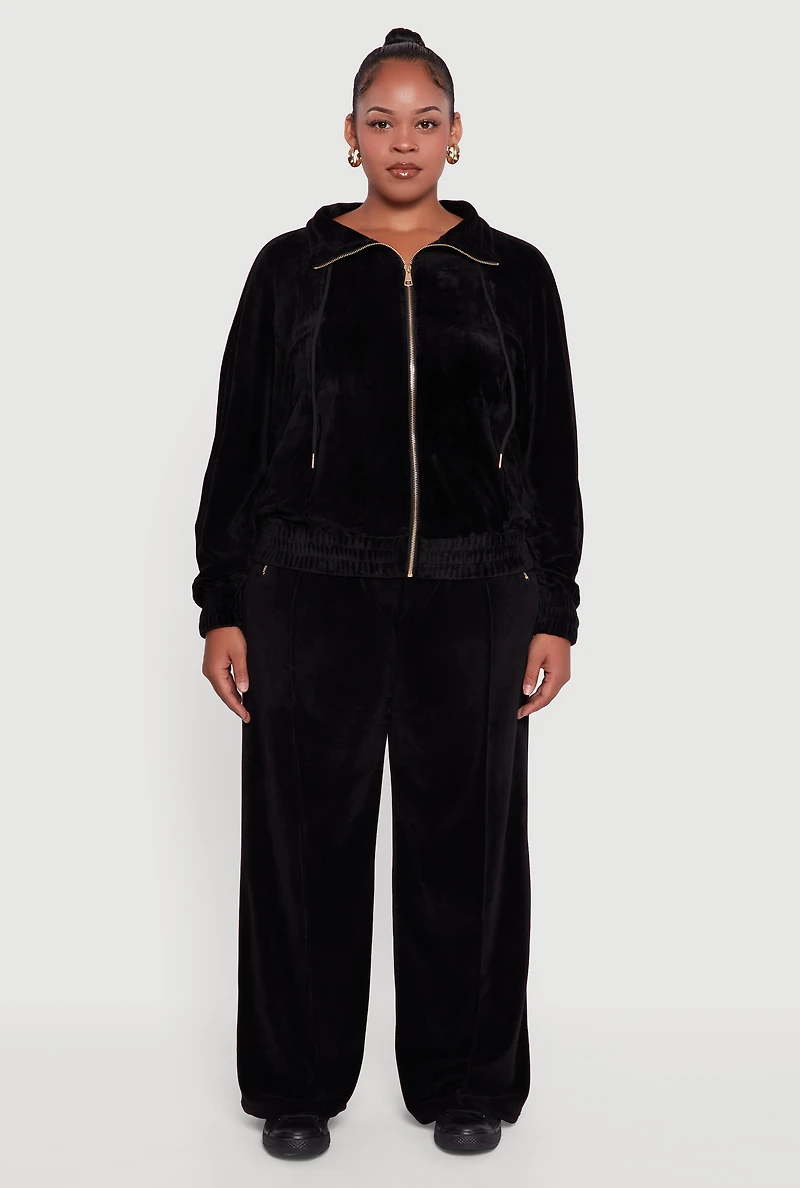 Womens Plus Wide Leg Velour Pants with Zip Pockets, Black,