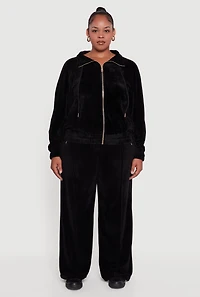Womens Plus Wide Leg Velour Pants with Zip Pockets, Black,