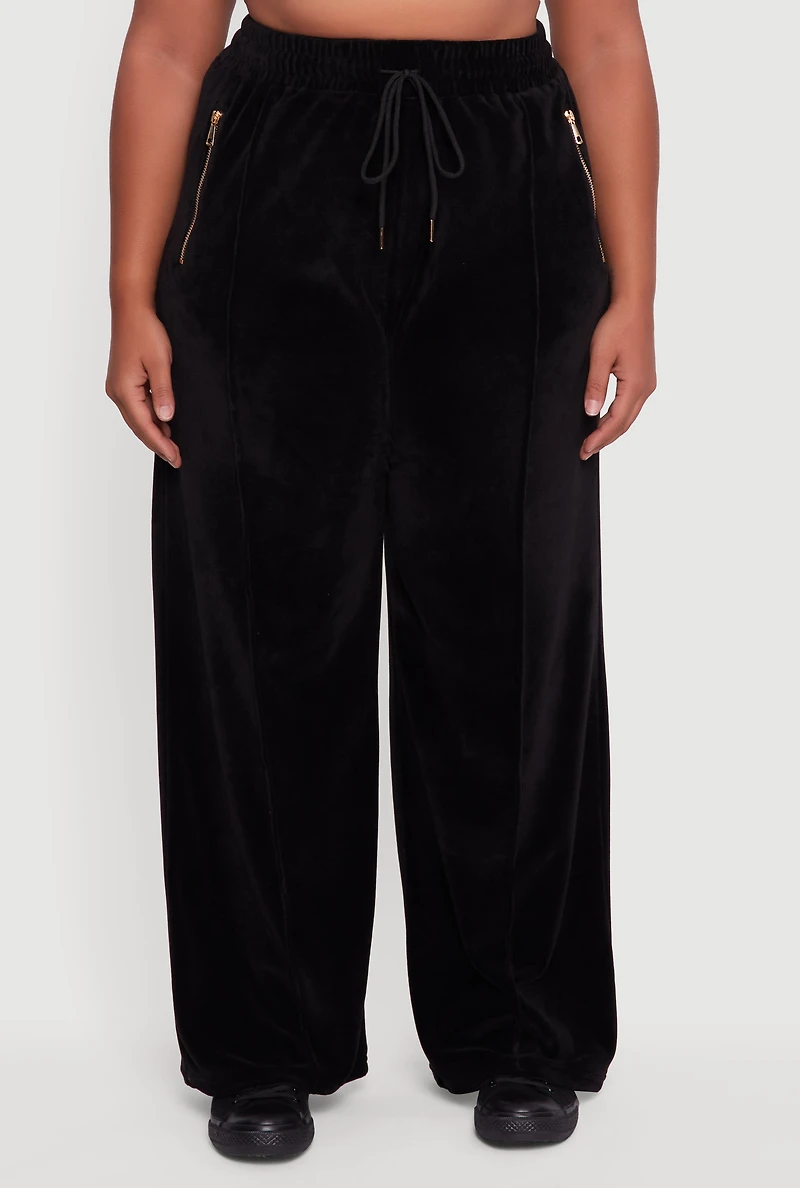 Womens Plus Wide Leg Velour Pants with Zip Pockets, Black,