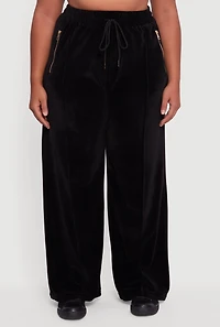 Womens Plus Wide Leg Velour Pants with Zip Pockets,