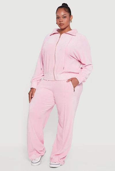 Womens Plus Size Wide Leg Velour Pants with Zip Pockets, Pink, Size 3X