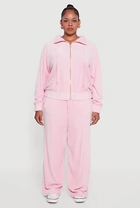 Womens Plus Size Wide Leg Velour Pants with Zip Pockets, Pink, Size 3X
