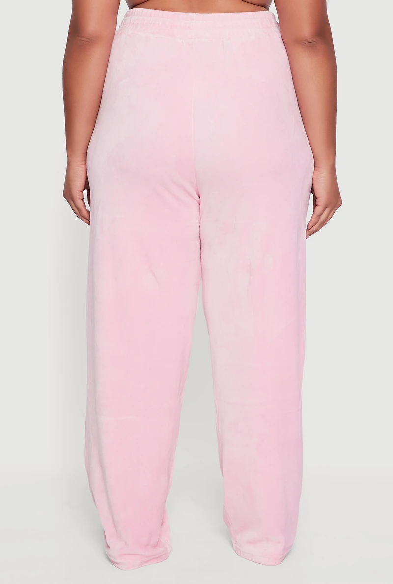 Womens Plus Size Wide Leg Velour Pants with Zip Pockets, Pink, Size 3X