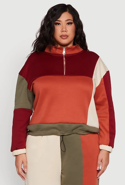 Womens Plus Color Blocked Zip Mock Neck Sweatshirt, Multi,