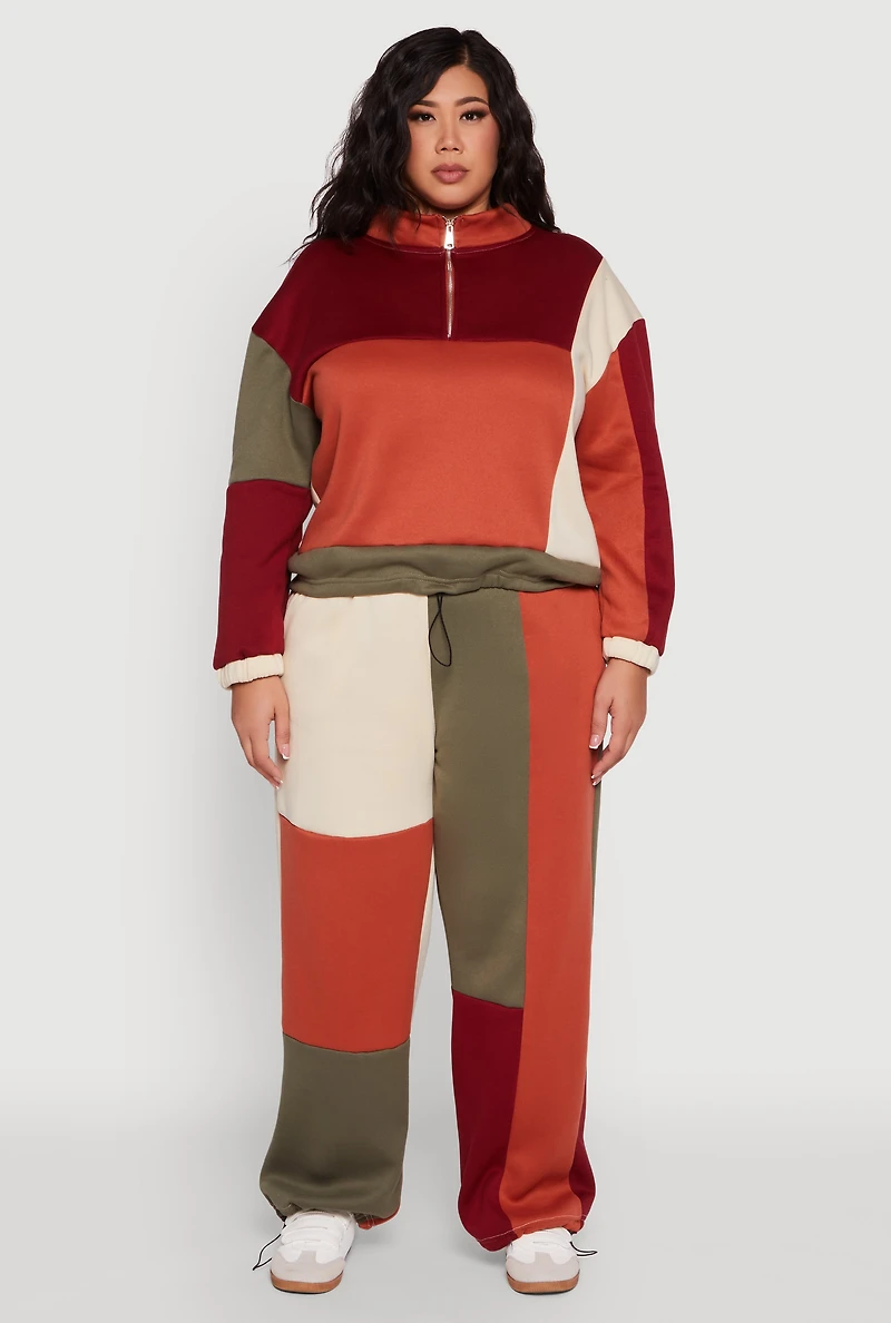 Womens Plus Color Blocked High Waisted Wide Leg Joggers, Multi,