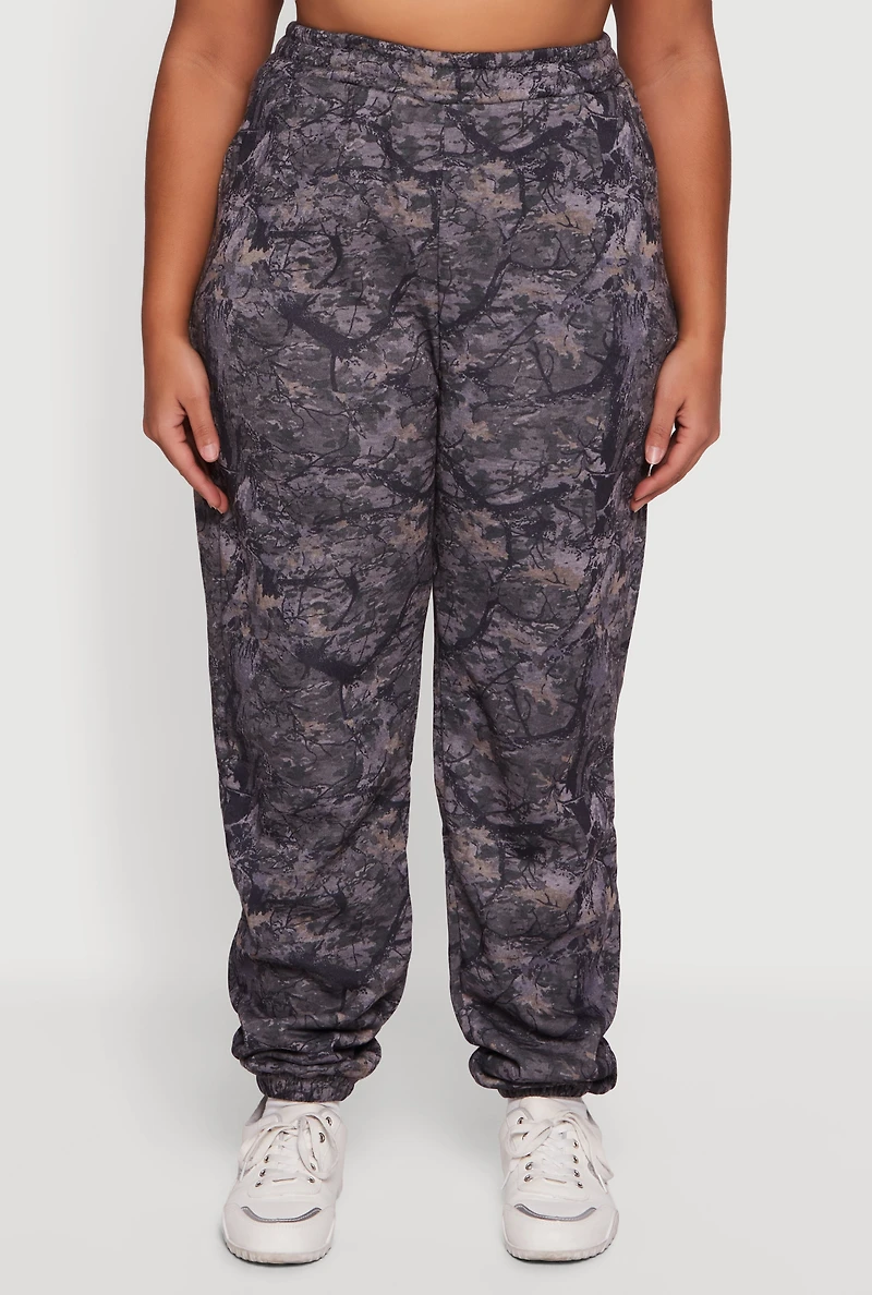 Womens Plus Size High Waisted Hunter Camo Fleece Sweatpants, Grey, Size 1X