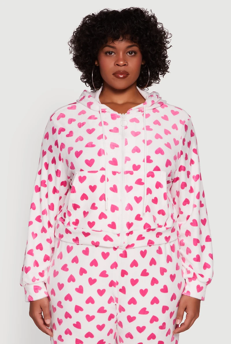 Plus Velour Heart Print Zip Front Hoodie