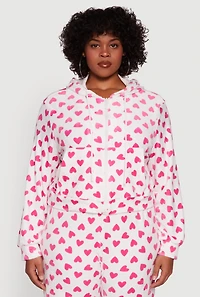 Plus Velour Heart Print Zip Front Hoodie