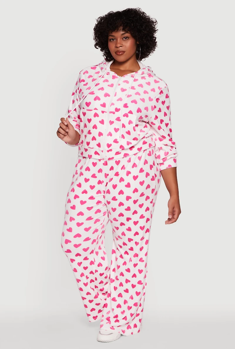 Womens Plus Size Velour Heart Print Zip Front Hoodie, Multi, Size 1X
