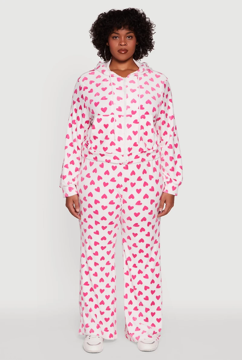 Womens Plus Size Velour Heart Print Zip Front Hoodie, Multi, Size 1X