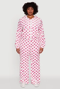 Womens Plus Size Velour Heart Print Zip Front Hoodie, Multi, Size 1X