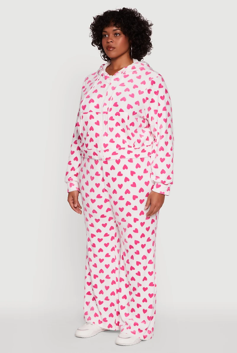 Womens Plus Size Velour Heart Print Zip Front Hoodie, Multi, Size 1X
