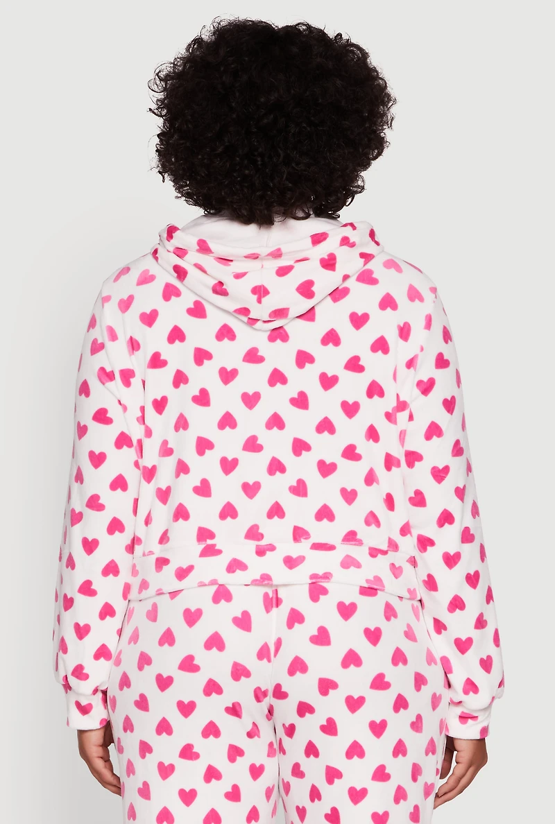 Womens Plus Size Velour Heart Print Zip Front Hoodie, Multi, Size 1X