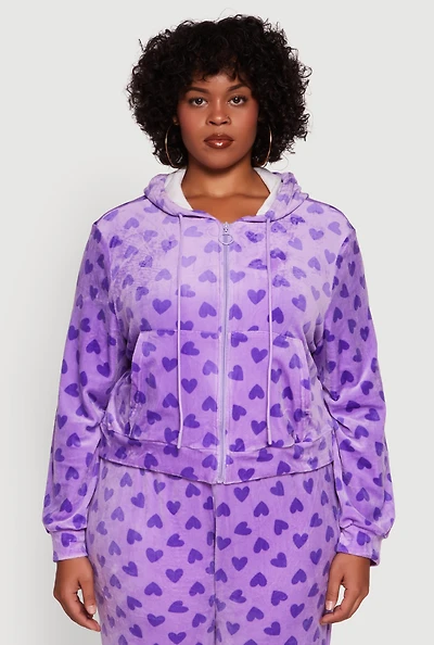 Womens Plus Size Velour Heart Print Zip Front Hoodie, Purple, Size 1X