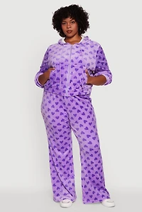 Womens Plus Size Velour Heart Print Zip Front Hoodie, Purple, Size 1X