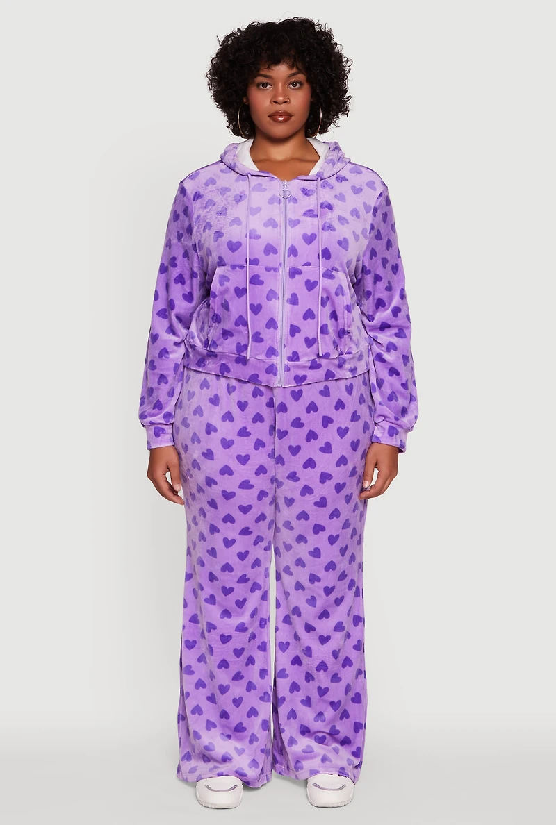 Womens Plus Size Velour Heart Print Zip Front Hoodie, Purple, Size 1X