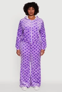 Womens Plus Size Velour Heart Print Zip Front Hoodie, Purple, Size 1X