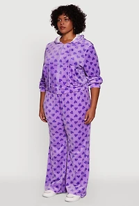 Womens Plus Size Velour Heart Print Zip Front Hoodie, Purple, Size 1X