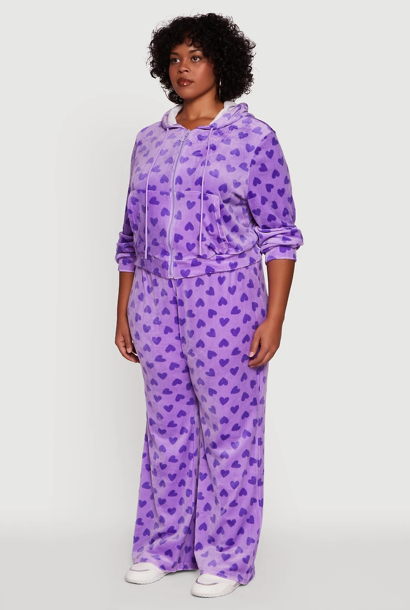 Womens Plus Size Velour Heart Print Zip Front Hoodie, Purple, Size 3X