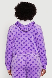 Womens Plus Size Velour Heart Print Zip Front Hoodie, Purple, Size 1X