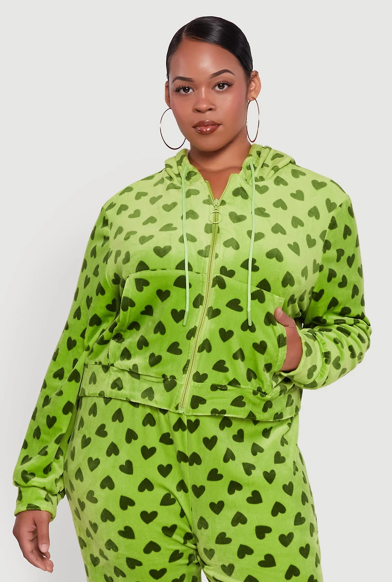 Womens Plus Velour Heart Print Zip Front Hoodie, 1X