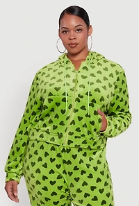 Womens Plus Velour Heart Print Zip Front Hoodie, 1X