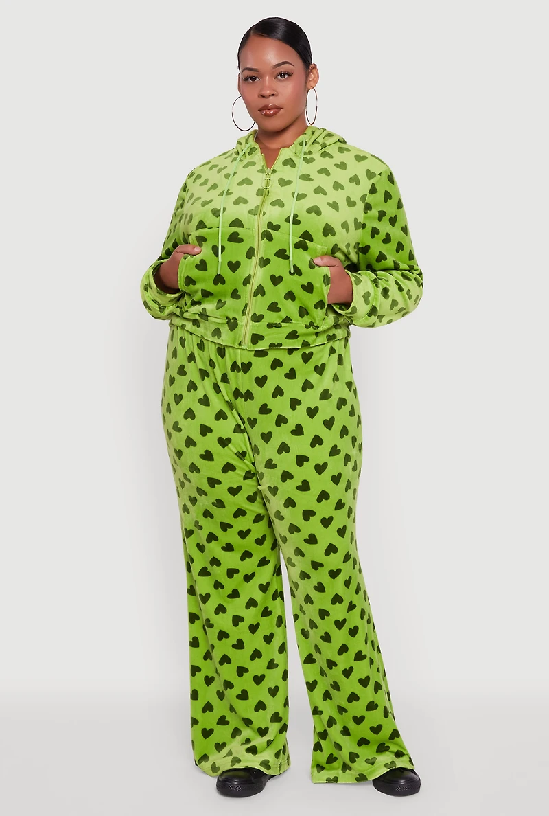 Womens Plus Size Velour Heart Print Zip Front Hoodie, Green, Size 2X