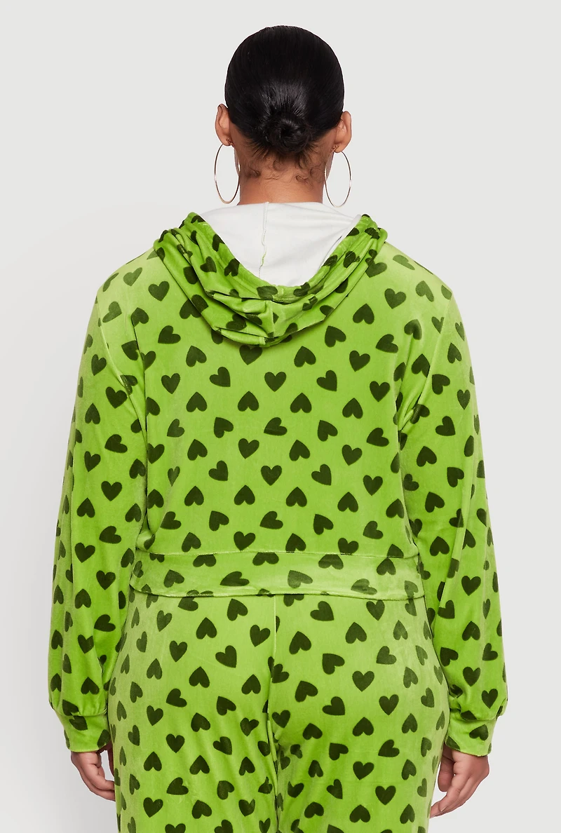 Womens Plus Size Velour Heart Print Zip Front Hoodie, Green, Size 2X