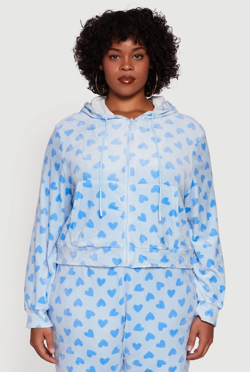 Womens Plus Velour Heart Print Zip Front Hoodie,