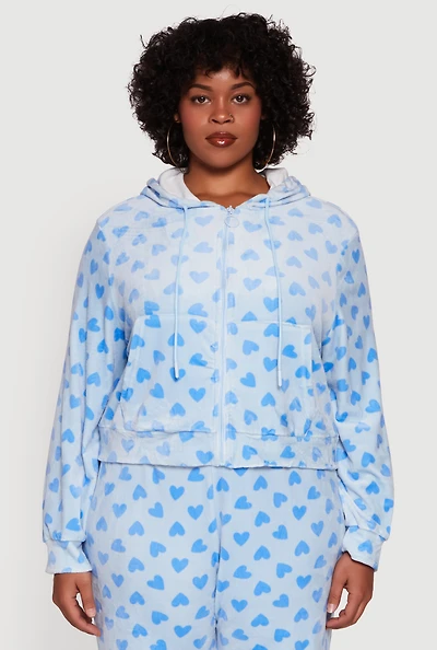 Womens Plus Velour Heart Print Zip Front Hoodie,