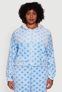 Plus Velour Heart Print Zip Front Hoodie