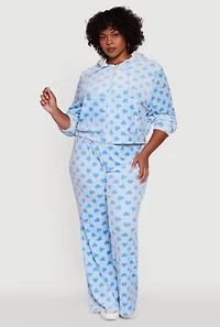 Womens Plus Size Velour Heart Print Zip Front Hoodie, Blue, Size 3X