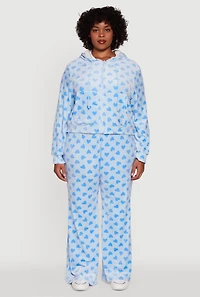 Womens Plus Size Velour Heart Print Zip Front Hoodie, Blue, Size 3X