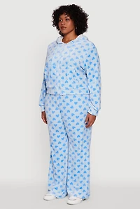 Womens Plus Velour Heart Print Zip Front Hoodie,