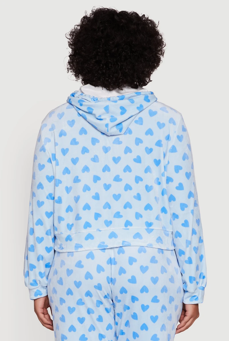 Womens Plus Velour Heart Print Zip Front Hoodie,