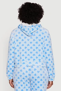 Womens Plus Velour Heart Print Zip Front Hoodie,