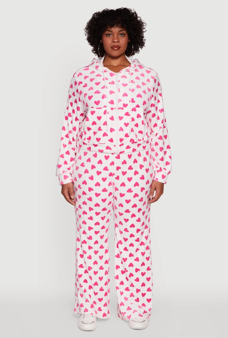 Womens Plus Size Velour Heart Print Drawstring Waist Sweatpants, Multi, Size 3X