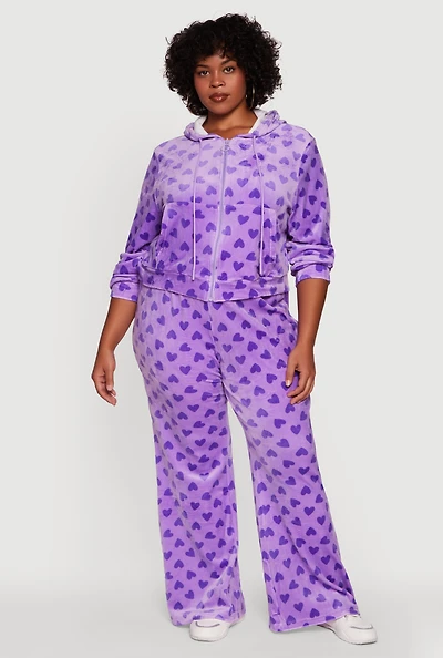 Womens Plus Size Velour Heart Print Drawstring Waist Sweatpants, Purple, Size 2X