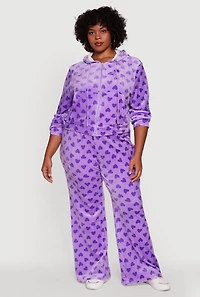 Womens Plus Size Velour Heart Print Drawstring Waist Sweatpants, Purple, Size 2X