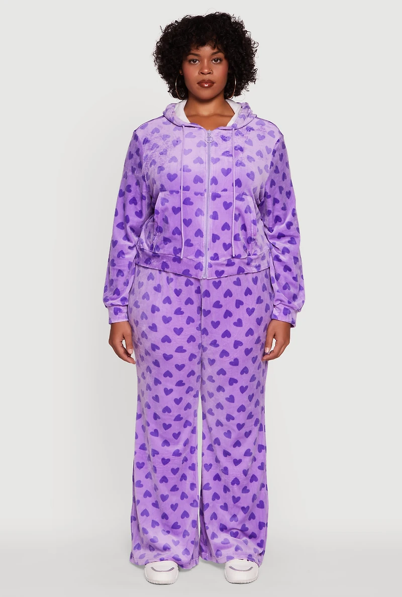 Womens Plus Size Velour Heart Print Drawstring Waist Sweatpants, Purple, Size 2X