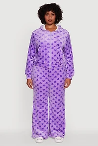 Womens Plus Size Velour Heart Print Drawstring Waist Sweatpants, Purple, Size 2X