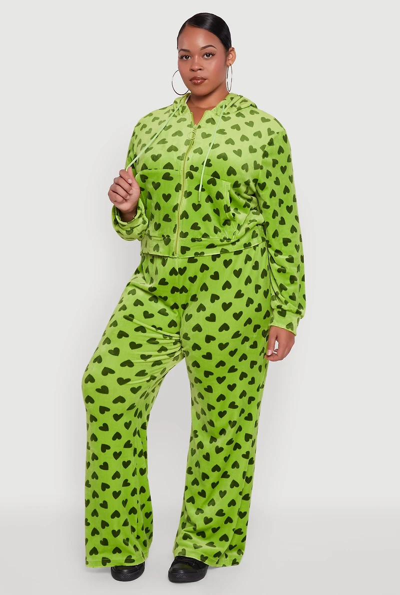 Womens Plus Velour Heart Print Drawstring Waist Sweatpants,