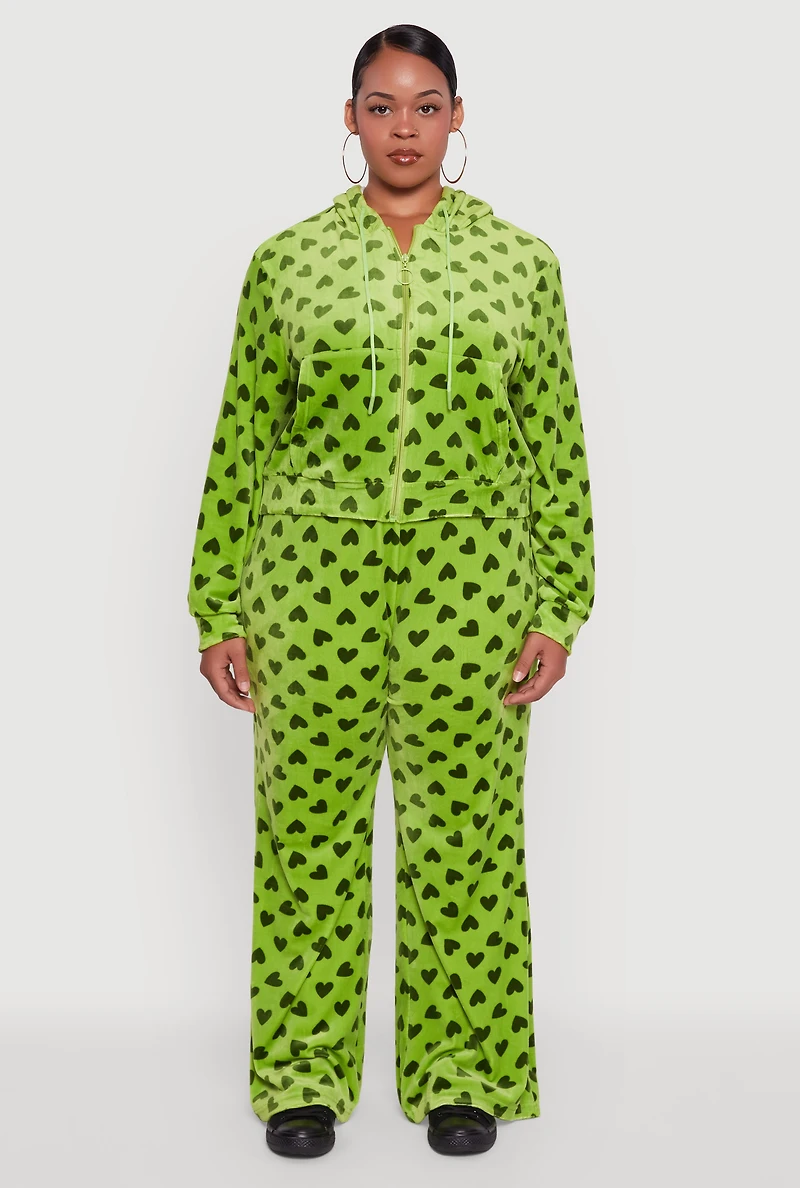 Plus Velour Heart Print Drawstring Waist Sweatpants