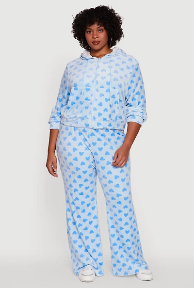 Plus Velour Heart Print Drawstring Waist Sweatpants