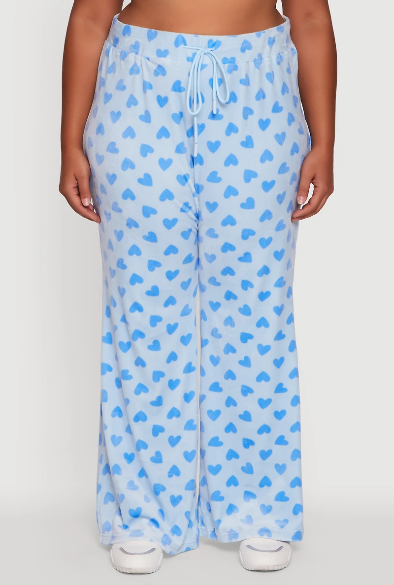 Womens Plus Size Velour Heart Print Drawstring Waist Sweatpants, Blue, Size 2X