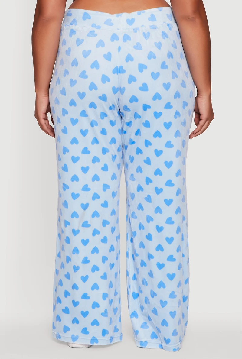 Womens Plus Size Velour Heart Print Drawstring Waist Sweatpants, Blue, Size 2X