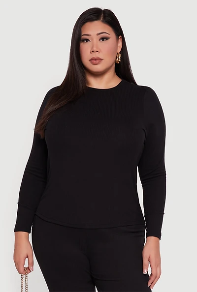 Womens Plus Ribbed Knit Long Sleeve Top,