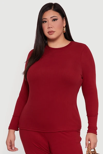 Womens Plus Size Ribbed Knit Long Sleeve Top, Burgundy, Size 3X